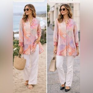 Johnny Was Worshop Laguna vesper voyager tunic boho flowy pastel silk silhouette